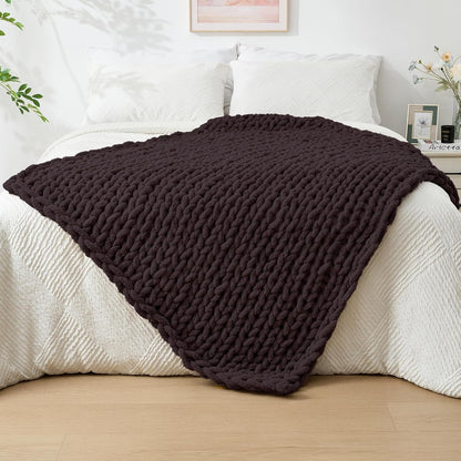 Bigacogo Chunky Knit Throw Blanket for Couch, 40x60 inches, 100% Hand Knitted with Thick Jumbo Chenille Yarn, Cozy Soft Large Rope Knot Cable Crochet Blankets for Sofa Bed Living Room, Chocolate