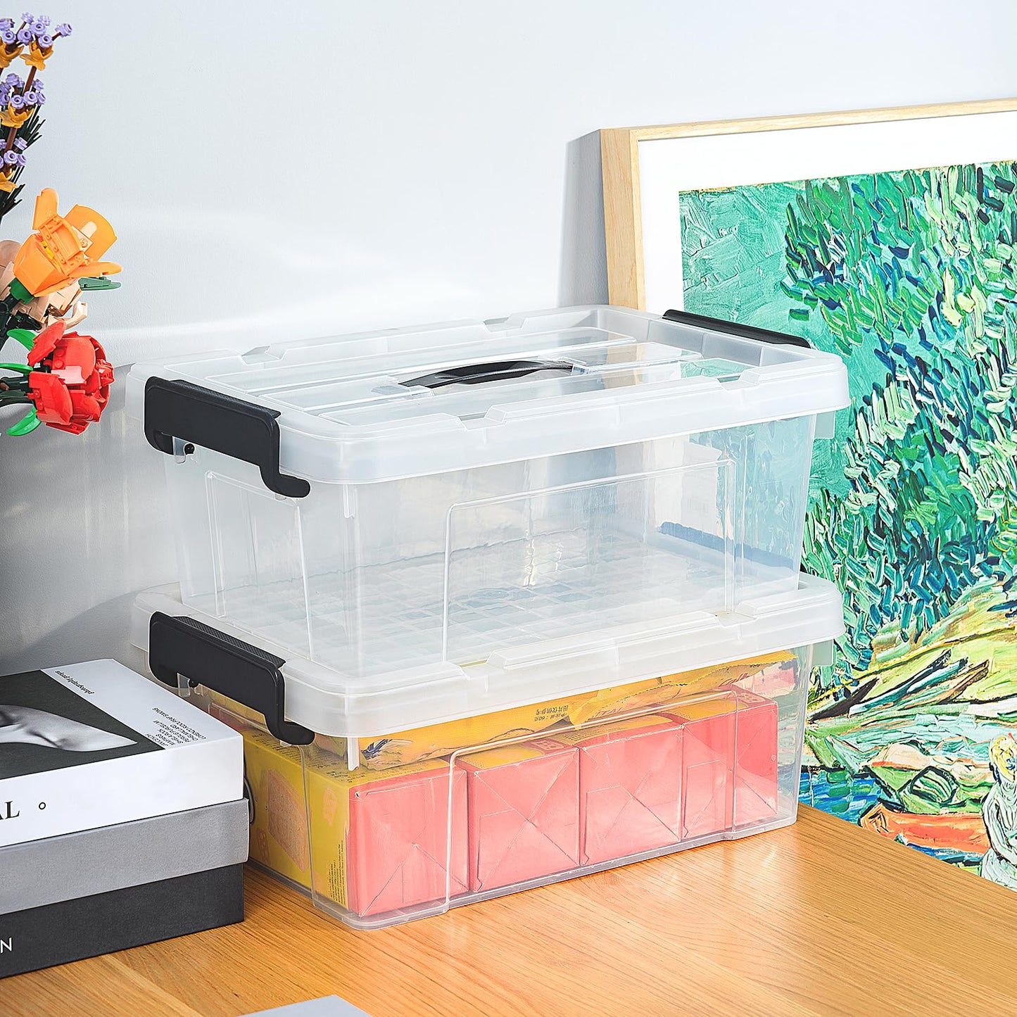 Cetomo Lidded Storage Bin with Handle, Storage Bins with Lid, Organizing Container with Secure