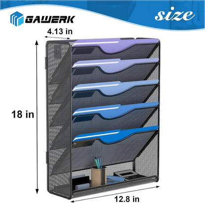 6 Tier Hanging File Organizer, Mesh Wall File Holder Paper Folder Rack with Bottom Flat Tray for Office Home, Black