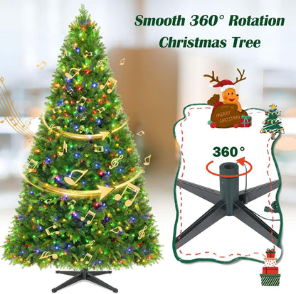 7.5FT Pre-Lit Christmas Tree with Remote Control, Multi-Color LED Lights, Musical Rotating Christmas Tree Stand, Easy Assembly in 3 Sections, Foldable Metal Stand for Home Holiday Decor