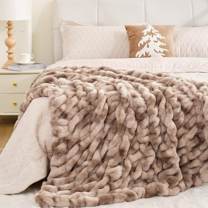 Touchat Ruched Faux Rabbit Fur Throw Blanket, 700 GSM Luxury Dual-Sided Soft Cozy Blanket, Fuzzy Fluffy Plush Blanket for Bed, Couch and Sofa - 50"x60", Tie-dye Brown