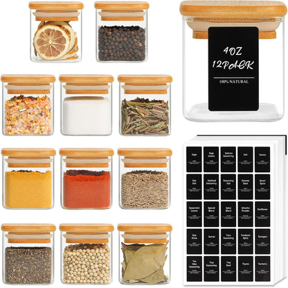 ComSaf 12Pcs Glass Spice Jars with Bamboo Lid, 4oz Airtight Square Spice Containers with 275 Black Lables, Empty Seasoning Jars for Spice Salt Sugar