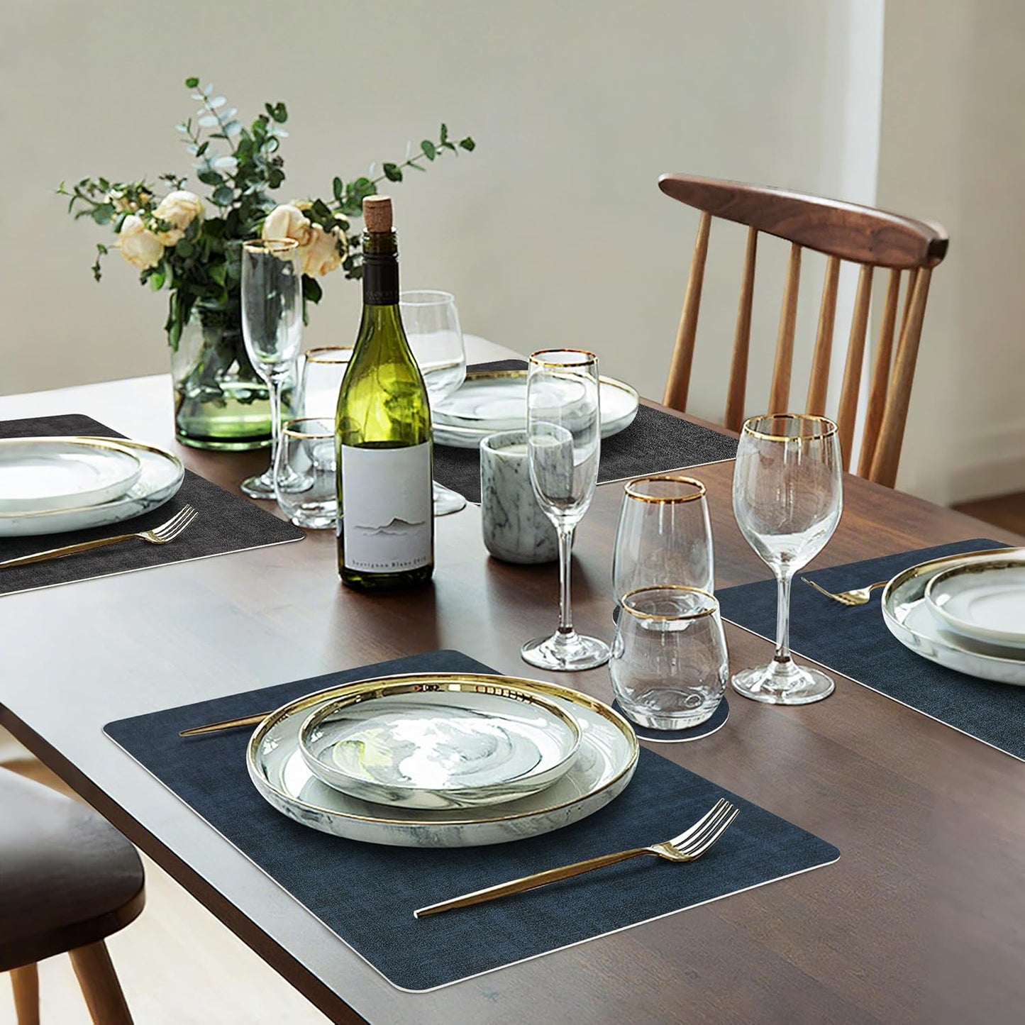 Faux Leather Dual Sided Placemats Set of 4, Square Non-Slip Heat Resistant Placemats with Coaster, Reversible wipeable Waterproof Table Mats for Kitchen, Dining, Outdoor (4, Black Navy Blue)