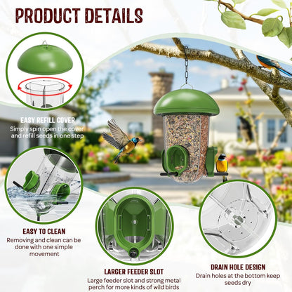 LONA Bird Feeders for Outdoors Hanging – 3 Separate Compartments, 3 Feeding Ports, Weatherproof Dome & 3 Ways to Hang, Large Capacity for Cardinals/Finches (Green，Plus
