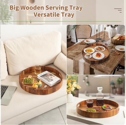 Large Ottoman Tray, 22" Big Ottoman Tray for Living Room, Large Serving Tray with Handles for Coffee Table Kitchen Counter,Great Round Wooden Trays with 4 Round Coasters for Appetizers, Dinner