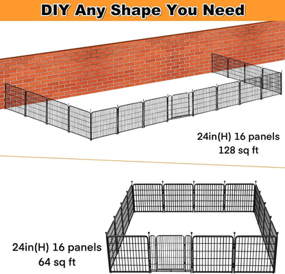 Dog Playpen 24 inch(H) 16 Panels Dog Fence Outdoor for Yard. Metal Dog Pen Heavy Duty Pet Puppy Exercise Pen for Rv Camping Garden Yard, Wide Door Low Threshold Dog Fence Total 31.4 Ft(L)