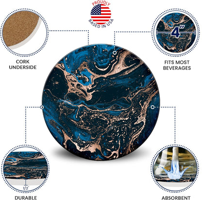 Emerson Coasters for Drinks Absorbent – Natural Stone Drink Coasters Set with Holder, Coasters for Coffee Table, Wooden Tabletop Protection Marble Style – 100% Heavy Duty Set of 6 (Royal)