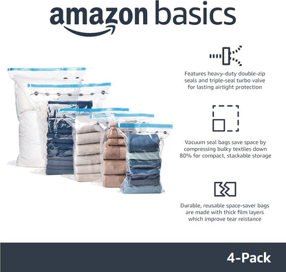 Amazon Basics Vacuum Compression Space Saving Storage Bags with Hand Pump for Clothes Packing, Ideal for Blankets, X-Jumbo Pack of 4