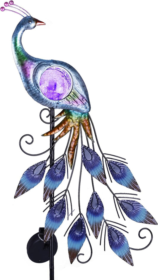 TERESA'S COLLECTIONS Solar Garden Lights Outdoor Garden Decor, Metal Peacock Decorations for Yard, 33'' Purple Decorative Garden Stake for Outside with Crackle Glass Ball, Lawn Party Gifts for Mom