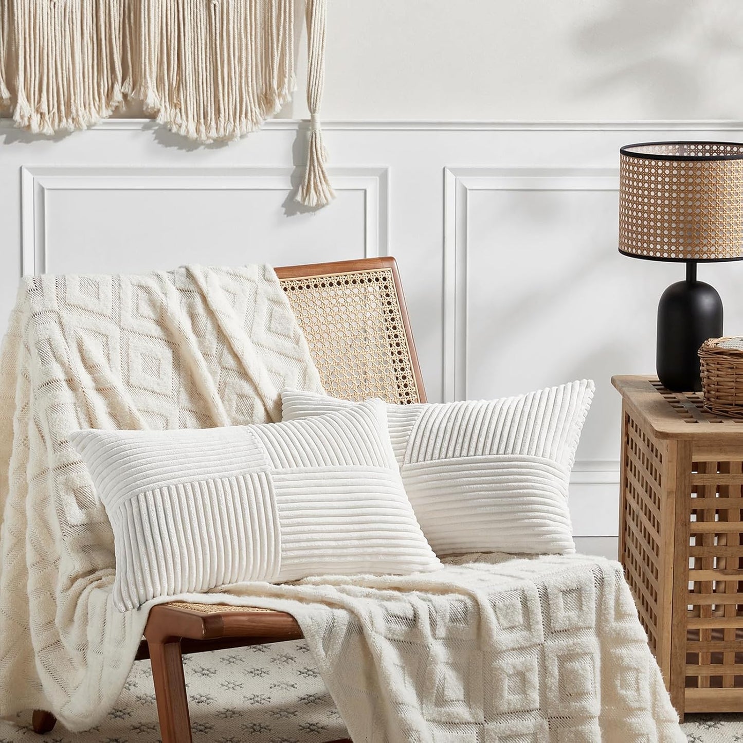 Fancy Homi 2 Packs Cream White Lumbar Decorative Throw Pillow Covers 12x20 Inch for Couch Bed Sofa, Rustic Farmhouse Boho Home Decor, Soft Striped Corduroy Rectangle Accent Cushion Case 30x50 cm