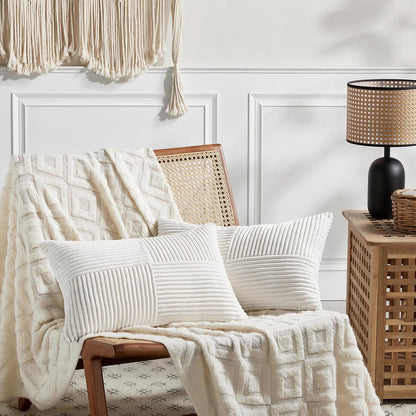 Fancy Homi 2 Packs Cream White Long Lumbar Decorative Throw Pillow Covers 16x24 Inch for Couch Bed Sofa, Rustic Farmhouse Boho Home Decor, Soft Striped Corduroy Rectangle Accent Cushion Case 40x60 cm