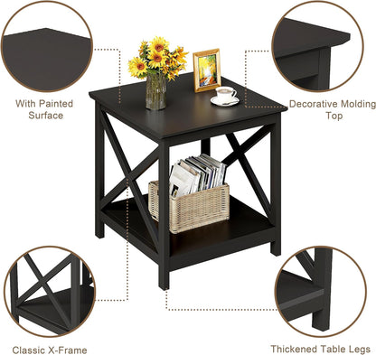 ChooChoo End Table, 24 Inch End Table with 2-Tier Storage Shelf, Side Table for Living Room, Wood Nightstand for Bedroom, Office, Painted Surface, Black