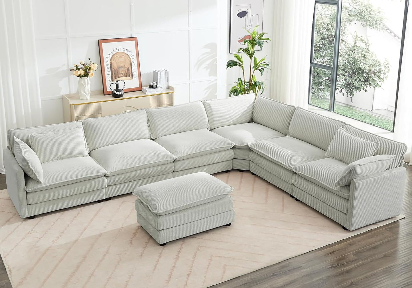 ROWHY 150'' Modular Sectional Sofa Cloud Couch, 7 Seater Big Comfy Corduroy L Shaped Couch with 4 Pillows, Chaise, Ottoman, Deep Seat Sectional Couches for Living Room Office, Light Grey