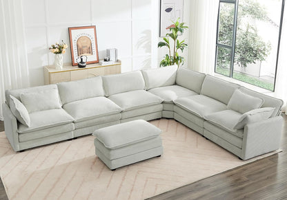 ROWHY 150'' Modular Sectional Sofa Cloud Couch, 7 Seater Big Comfy Corduroy L Shaped Couch with 4 Pillows, Chaise, Ottoman, Deep Seat Sectional Couches for Living Room Office, Light Grey