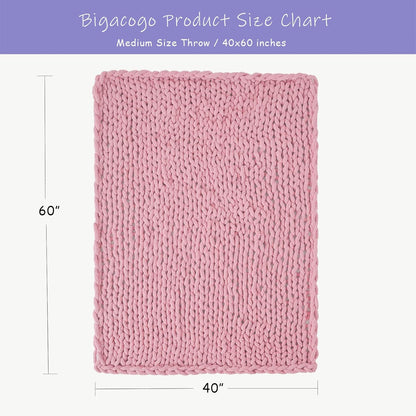 Bigacogo Chunky Knit Throw Blanket for Couch, 40x60 inches, 100% Hand Knitted with Thick Jumbo Chenille Yarn, Cozy Soft Large Rope Knot Cable Crochet Blankets for Sofa Bed Living Room, Blush Pink