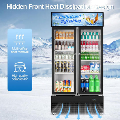 Tylza Commercial Refrigerator, Double Glass Door Display Beverage Fridge, 28.1 Cu Ft Upright Beverage Cooler Merchandiser with Replaceable Advertising Light Board, Rebound Door, Fast Cooling, Black