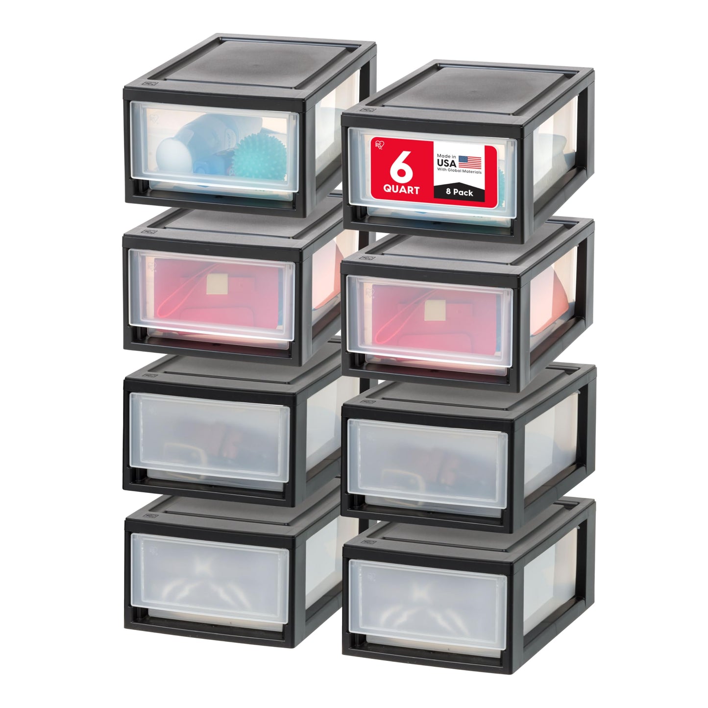 IRIS USA 8-Pack, 6 Qt. Small Stacking Drawer Storage Organizer, Black