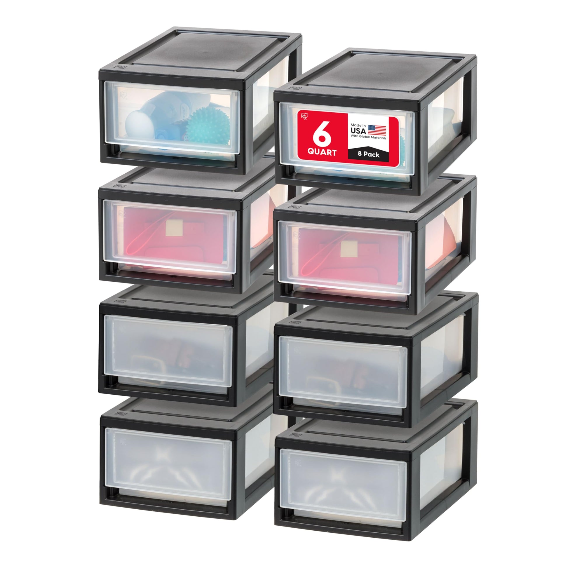 IRIS USA 8-Pack, 6 Qt. Small Stacking Drawer Storage Organizer, Black