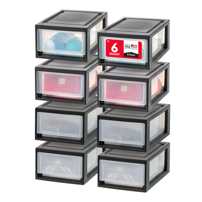 IRIS USA 8-Pack, 6 Qt. Small Stacking Drawer Storage Organizer, Black