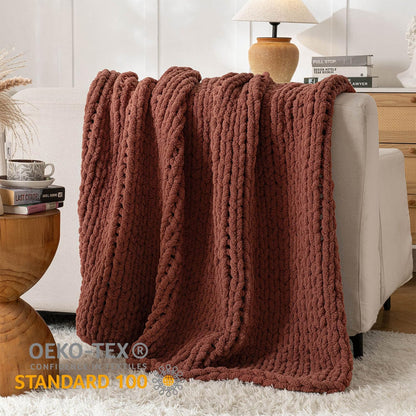 Chunky Knit Blanket Throw, 100% Hand Knit Throw Blanket Handmade Chenille Cable Knit Throw for Couch, Stylish Cozy Soft Rope Knot Crochet Blanket for Home Decor, Copper Brown, 50x60 Inches