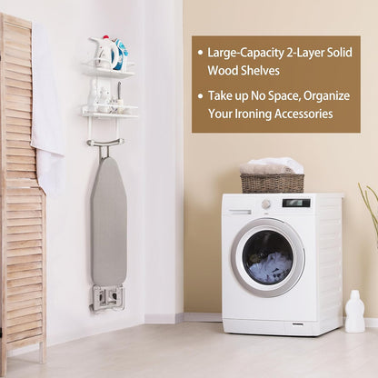 VINAEMO Ironing Board Hanger Wall Mount, 2-Layer Iron and Ironing Board Holder, Laundry Room Shelves Solid Wood with Removable Hooks Home Organization and Storage (White)