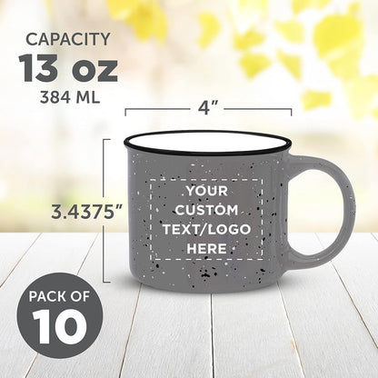 DISCOUNT PROMOS Custom Ceramic Campfire Coffee Mugs 13 oz. Set of 10, Personalized Bulk Pack - Perfect for Tea, Espresso, Cappuccino, Hot Cocoa - Grey