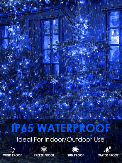 Solar Christmas Lights Outdoor Decorations Waterproof, Tatal 4 Pack 400LED 132FT Blue Solar String Lights Green Wire with 8 Modes, Christmas Fairy Light for Xmas Tree Party Wedding Yard Garden Decor