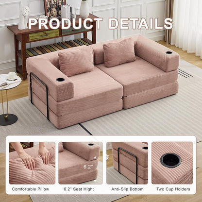 78" W Loveseat Sofa, 4 in 1 Convertible Floor Sofa Bed, Boneless Cloud Couch with Cup Holder, Fold Out Floor Couch, Loveseat Recliner Sleeper for Living Room Bedroom Lounge(Corduroy, White)