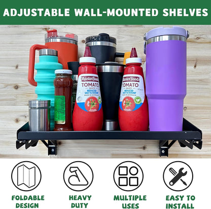 ULIBERMAGNET Garage Folding Storage Rack Shelves,100LB Metal Wall Mounted Adjustable Rail Shelf for Garage,Power Tools,Toolbox,Storage Shelves with Lip for Workshop Kitchen Office (2 Pack)