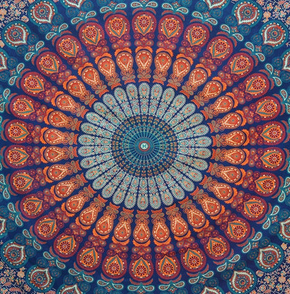 Bless International Handmade Indian hippie Bohemian Psychedelic Peacock Mandala Wall hanging College Dorm Beach Throws Table Cloth Bedding Tapestry (Golden Blue, King(88x104Inches)(225x265Cms))
