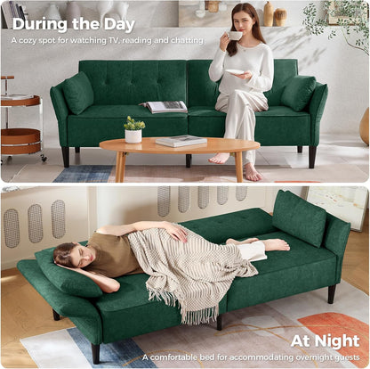 89” Futon Sofa Bed, Velvet Fabric Comfy Futon Couch Bed with 2 Square Pillows, Convertible Sleeper Sofa with Adjustable Backrest& Armrests, Modern Loveseat Sleeper for Living Room, Bedroom