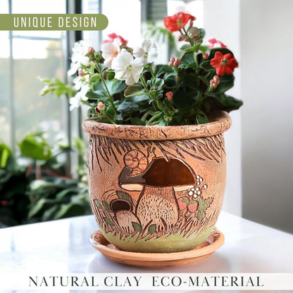 Ceramic Pot with Drainage Hole and Saucer, Plant Pots, Modern Decorative Planters for House Plants Indoor Flowers Plants, Cute Flower Pot - Gifts (Mushrooms)