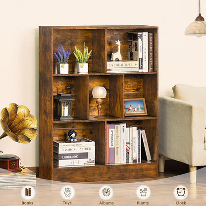 LEYAOYAO 7 Cube Bookshelf with Wood Base, Brown 3 Tier Mid-Century Modern Bookcase,Standing Wide Bookshelves Storage Organizer Shelf,Rustic Display Cabinet Book Shelves for Bedroom,Living Room,Office