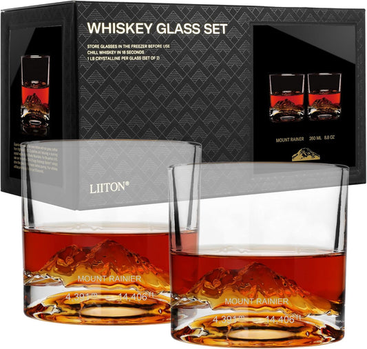 Mount Rainier Heavy Crystal Whiskey Glasses Gift Set of 2, Thick Freezable Bourbon Glass 1lb Each