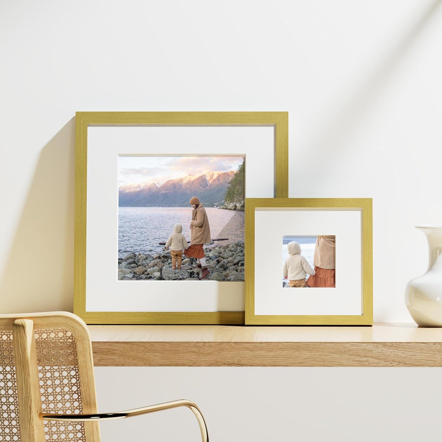 Vittanly 8x8 Picture Frames Set of 9, Shatter Resistant Plexiglass, Display 4x4 Pictures with Mat or 8x8 without Mat, Photo Frames for Wall Mount, Engineered Wood, Gold