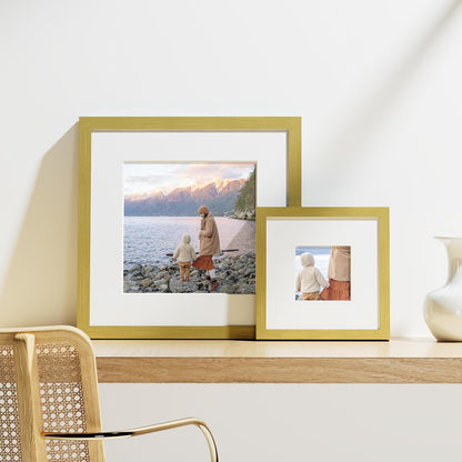 Vittanly 8x8 Picture Frames Set of 9, Shatter Resistant Plexiglass, Display 4x4 Pictures with Mat or 8x8 without Mat, Photo Frames for Wall Mount, Engineered Wood, Gold