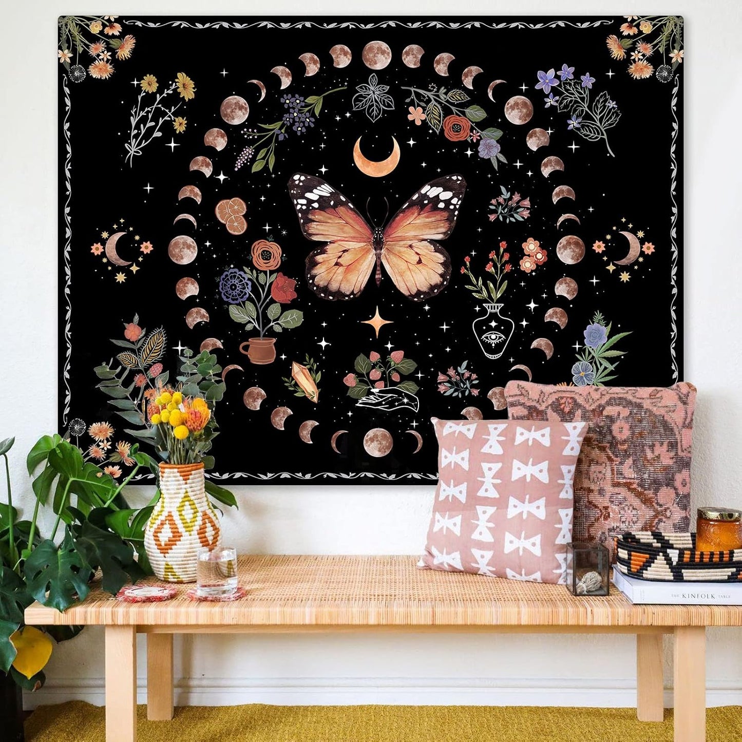 Fowocu Orange Butterfly Moon Flower Tapestry Boho Floral Plant Tapestries for Bedroom Aesthetic Tapastry's Wall Hanging Mandala Botanical Wall Tapestry for Living Room Dorm (Yellow, 48'' × 36'')