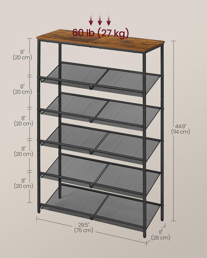 VASAGLE Shoe Rack for Entryway, Freestanding, Adjustable, Industrial