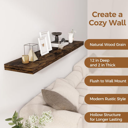 Floating Shelves 55 Inch Long, 55 x 12 Large Floating Shelf Wall Mounted, 12 Inch Wide Floating Shelves for Fireplace Mantel, 2" Thicked Storaged Shelves for Living Room, Bedroom, Rustic Brown, 1 Pack