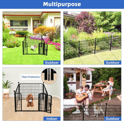 ADAVIN 24 in(H) Garden Fence with Gate, 4 Panels Total 9.8 Ft(L), Heavy Duty Iron Metal Animal Barrier Fence, Camping Fence, No Dig Garden Border Fencing for Yard