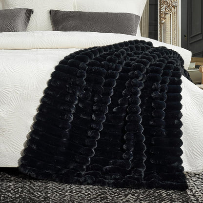 Cozy Bliss Faux Fur Throw Blanket for Couch, Cozy Warm Plush Striped Blanket for Sofa Bedroom Living Room,50 * 60 Inches Black