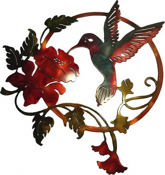 Zoihet Round Metal Bird Wall Art Decor - Hummingbird Wall Art Silhouette for your patio, garden, and fence Art Decor, Bird Wall Silhouette Indoor and Outdoor Hanging (Red)
