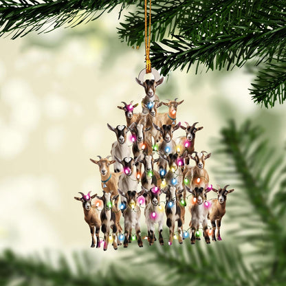 Talataca Goat 2D Flat Christmas Ornament, Goat Farm Animal Christmas Pine Tree Shape with String Light Pine Tree Decor, Hanging House Charm Eve Keepsake, Car Rear View Mirror Accessories, Xmas Gift