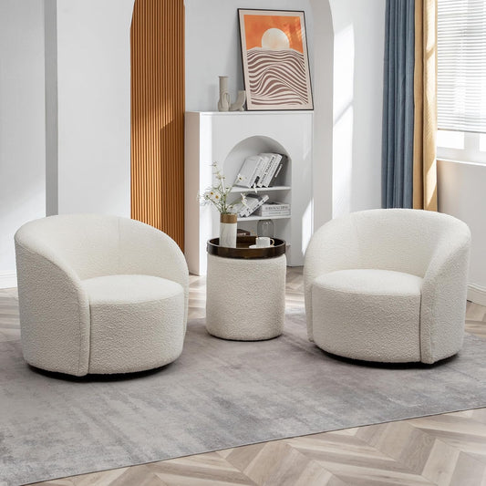 KINWELL 34" W Swivel Barrel Chair Set of 2, Mid Century Modern Round Upholstered Boucle Swivel