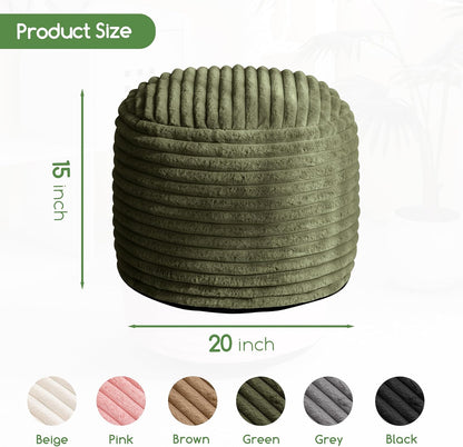 HIGOGOGO Round Stuffed Pouf Ottoman, Corduroy Poufs with High-Density Foam Filling, Furry and Fluffy Pouf Foot Stool Storage Ottoman, 20 X 15 Floor Poufs Foot Rest for Living Room, Green