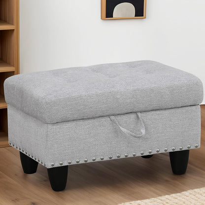 Ottoman Rectangular Storage Ottoman Bench, Flannel Footrest Stool Footstool with Lid for Living Room, Bedroom, Entryway, Gray White, 28.5"x19"x17.5"