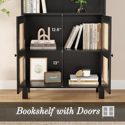 Tall Bookshelf, 5-Tier Book Shelf with 2 Rattan Doors, Freestanding Bookcase Display Shelves with Large Storage, Book Case for Living Room, Office, Study, Bedroom, 70.9 Inch