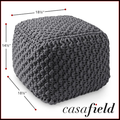 Casafield Square Pouf Ottoman, Dark Gray 18.5" W x 18.5" D x 14.5" H Cotton Knit Foot Stool - Boho Floor Pouffe for Living Room, Bedroom, Home Office
