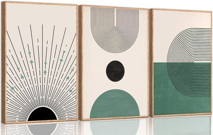 3 Pcs Sage Green Boho Canvas Wall Art Modern Abstract Minimalist Neutral Bohemian Sun Geometric Line Painting Picture Wall Decor Poster Print Artwork for Living Room Bedroom Home Decoration Unframed