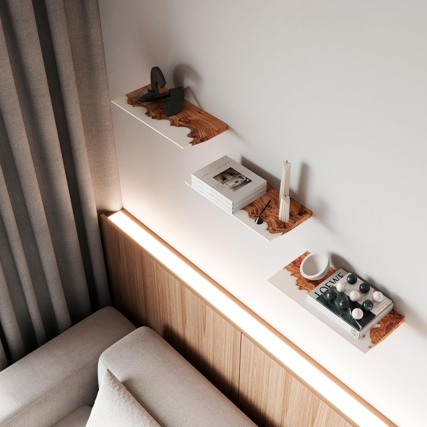 RWA Unique Live Edge Floating Shelf for Wall - Stylish Hanging Shelves for Room Wall Bedroom Bathroom Office Decor, Epoxy and Wood Wall Shelf Plank - Elegant Wall Mounted Shelves (white, 16x6":)